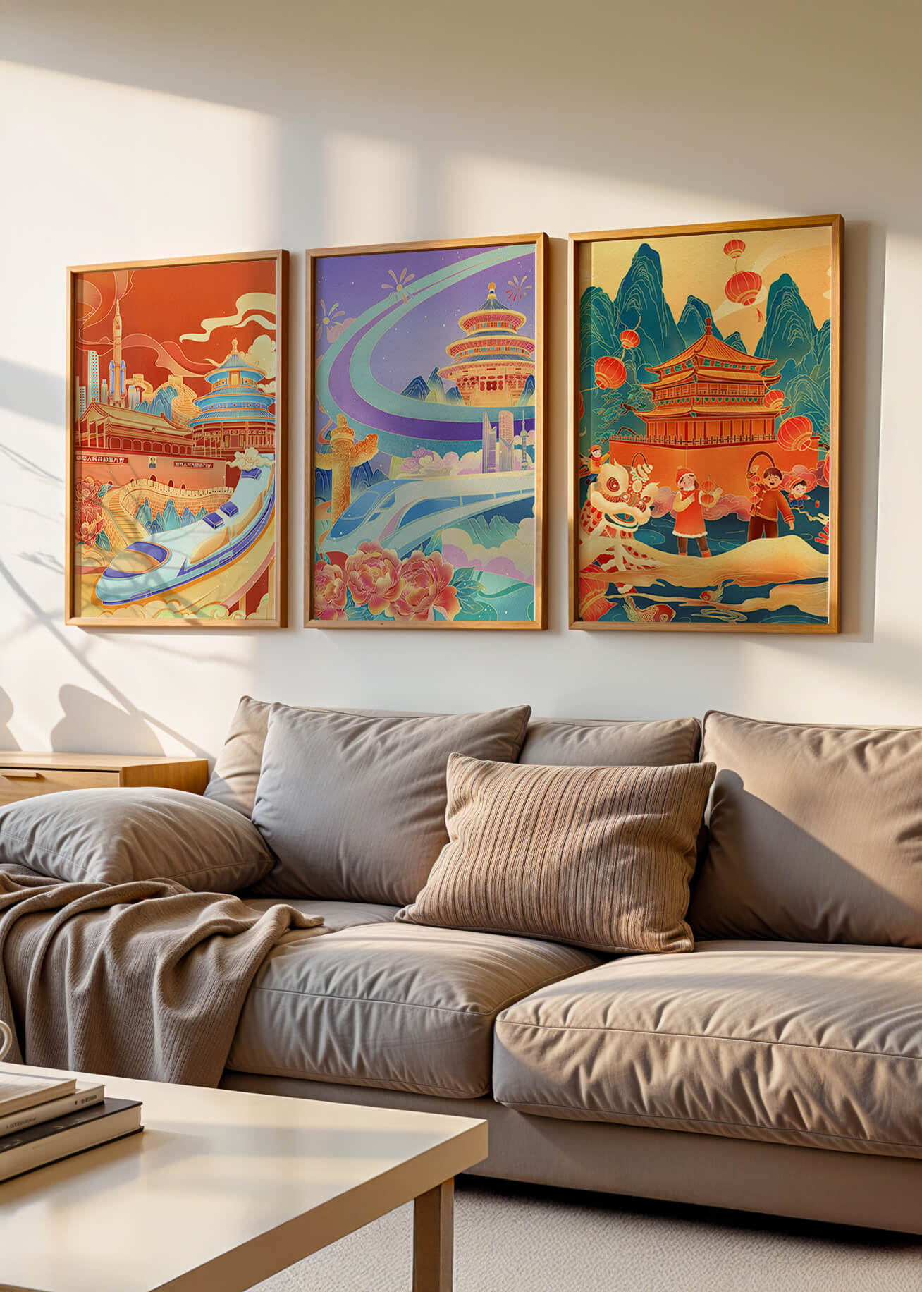 Posters de Arquitectura Asiática con Trenes y Danzas Tradicionales