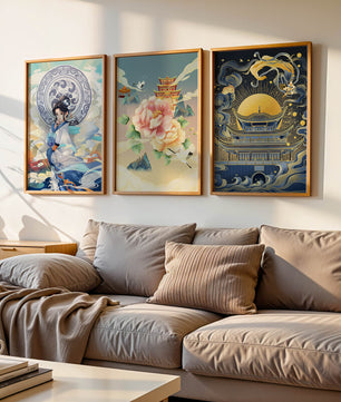 Triptyque d’Art Asiatique : Femme, Fleur et Pagode avec Éléments Dorés