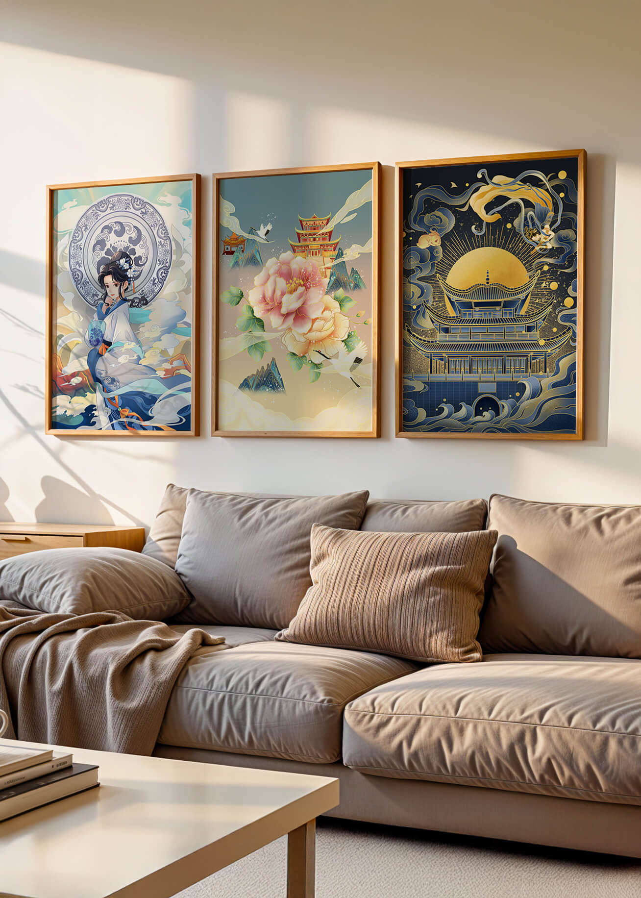 Triptyque d’Art Asiatique : Femme, Fleur et Pagode avec Éléments Dorés