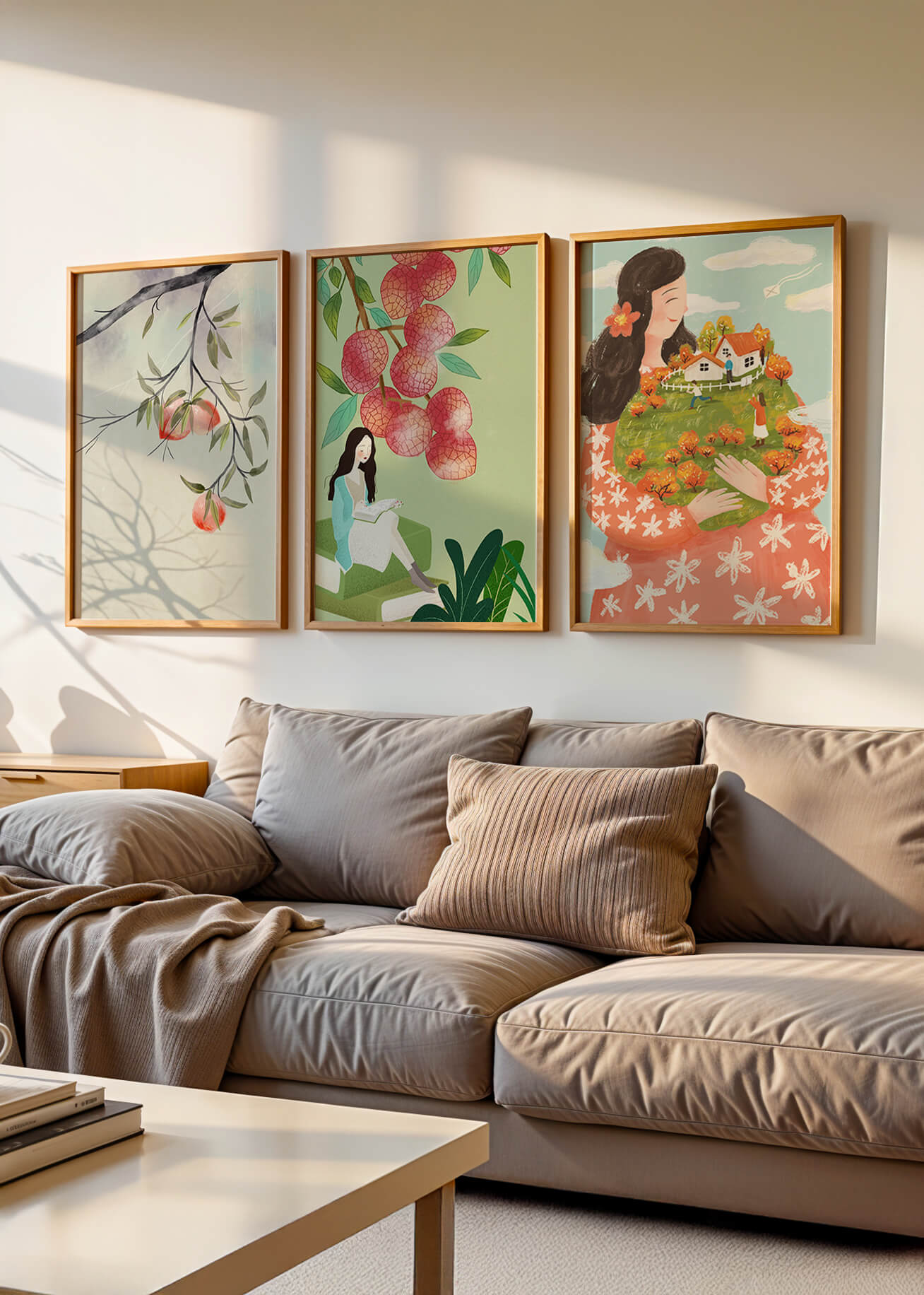 Triptyque d'art avec des éléments naturels et des figures du quotidien