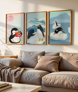 Affiche de pingouins sur plancher en bois