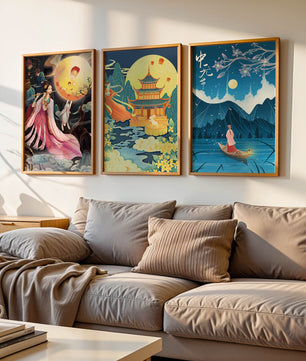 Ensemble d'art oriental avec paysages mystiques et pleine lune
