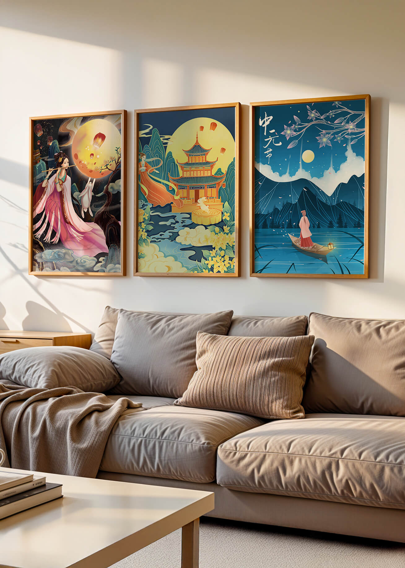 Conjunto de Arte Oriental con Paisajes Místicos y Luna Llena