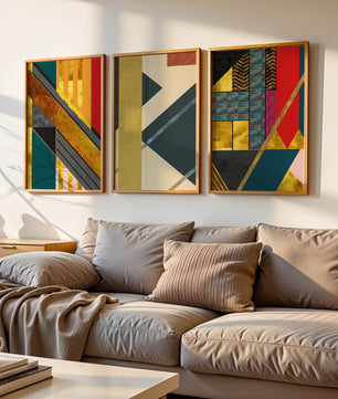 Conjunto de Tres Lienzos Abstractos Geométricos en Colores Vivos y Elementos Dorados