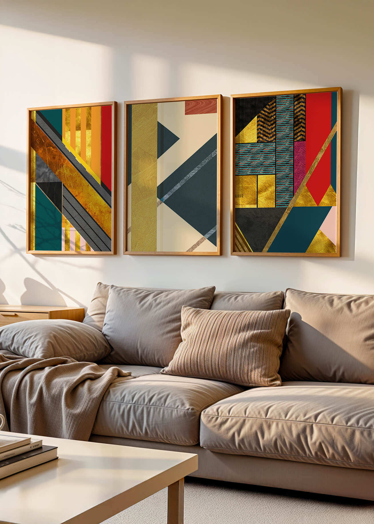 Conjunto de Tres Lienzos Abstractos Geométricos en Colores Vivos y Elementos Dorados