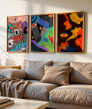 Tríptico de Arte Contemporáneo sin Marco con Estilo Pop y Abstracto