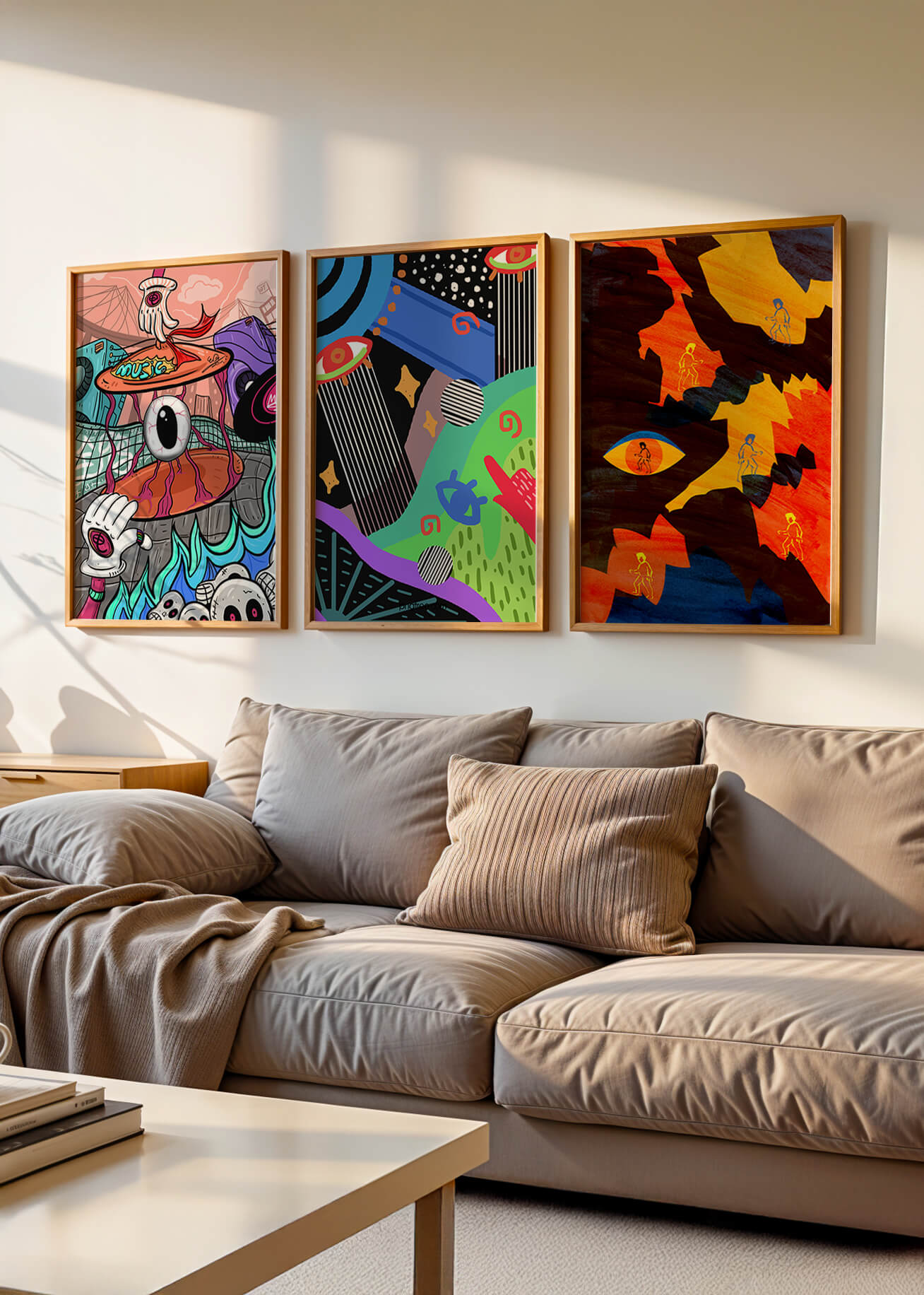 Tríptico de Arte Contemporáneo sin Marco con Estilo Pop y Abstracto