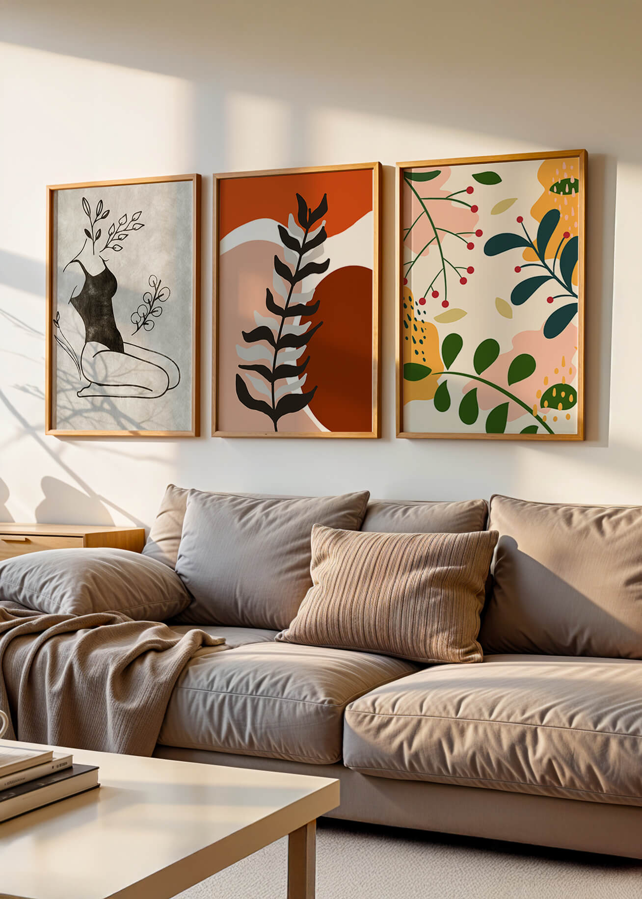 Conjunto De Arte Moderno Abstracto En Madera Clara Sin Marco