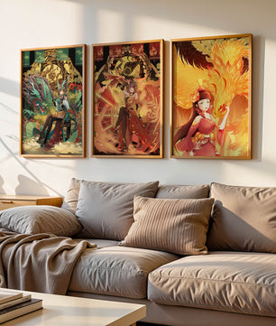Fantasievolle Illustrationen mit mythologischen Motiven in leuchtenden Farben
