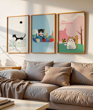 Pósters Coloridos con Gatos en Estilo Ilustrado para Decoración