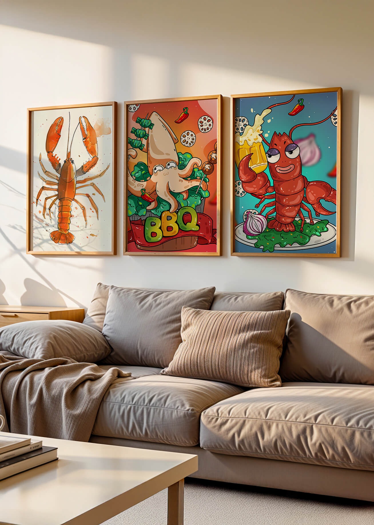 Affiches de fruits de mer amusants dans un style illustratif
