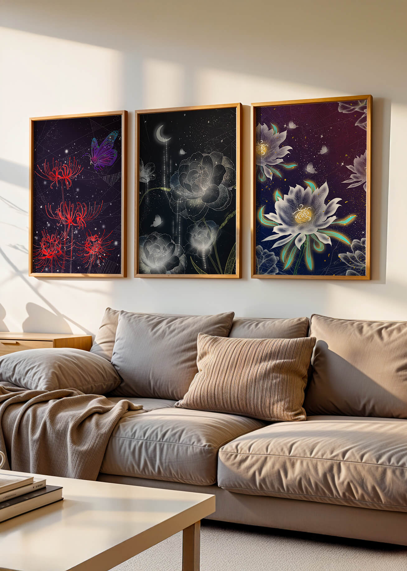 Pared Decorada con Conjunto de Tres Lienzos de Flores y Elementos Naturales