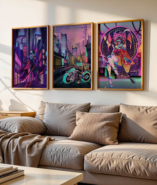 Triptyque de style cyberpunk avec des personnages en art numérique