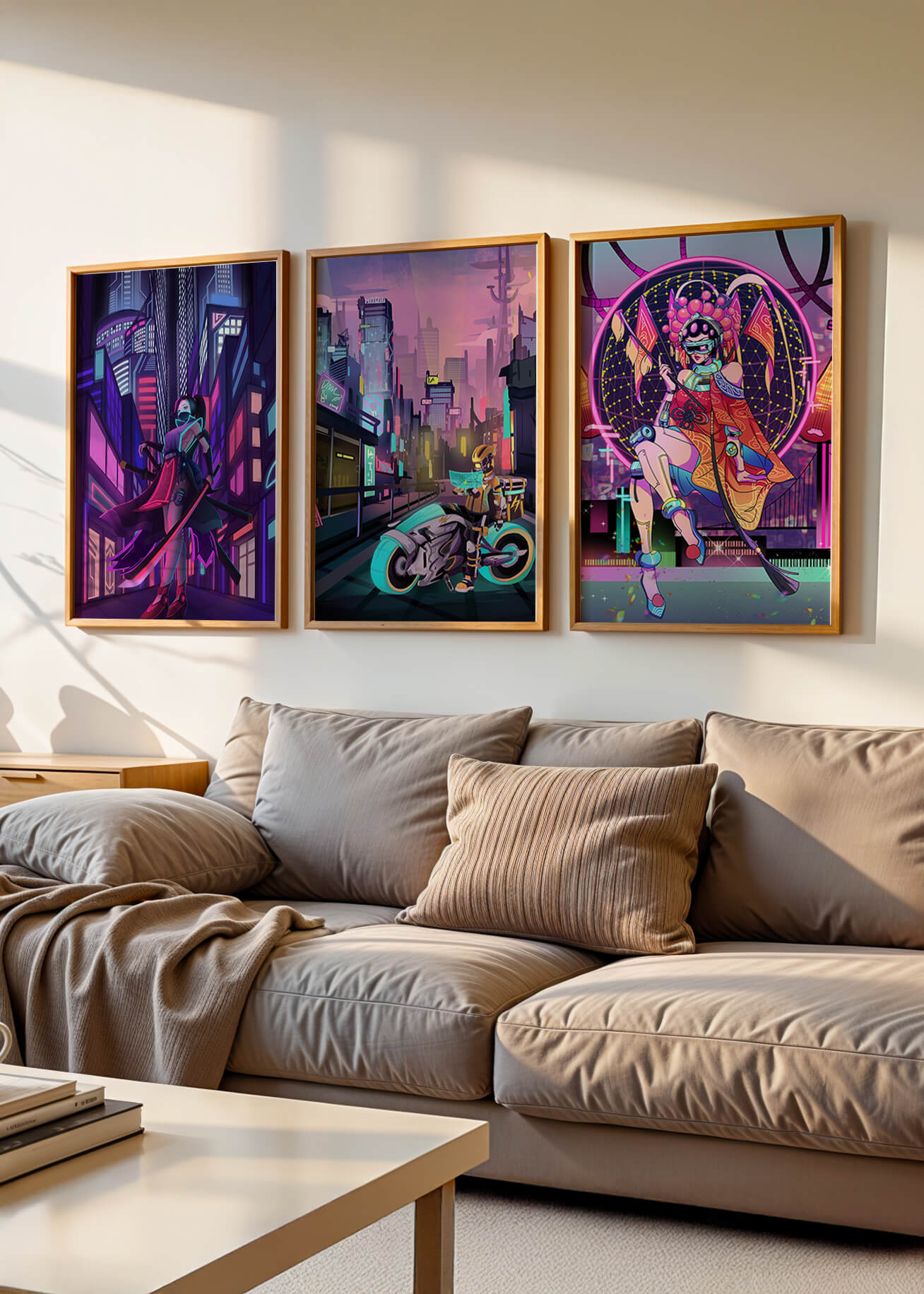 Triptyque de style cyberpunk avec des personnages en art numérique