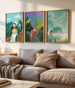 Ensemble de trois œuvres d'art colorées avec des paysages naturels et des figures humaines