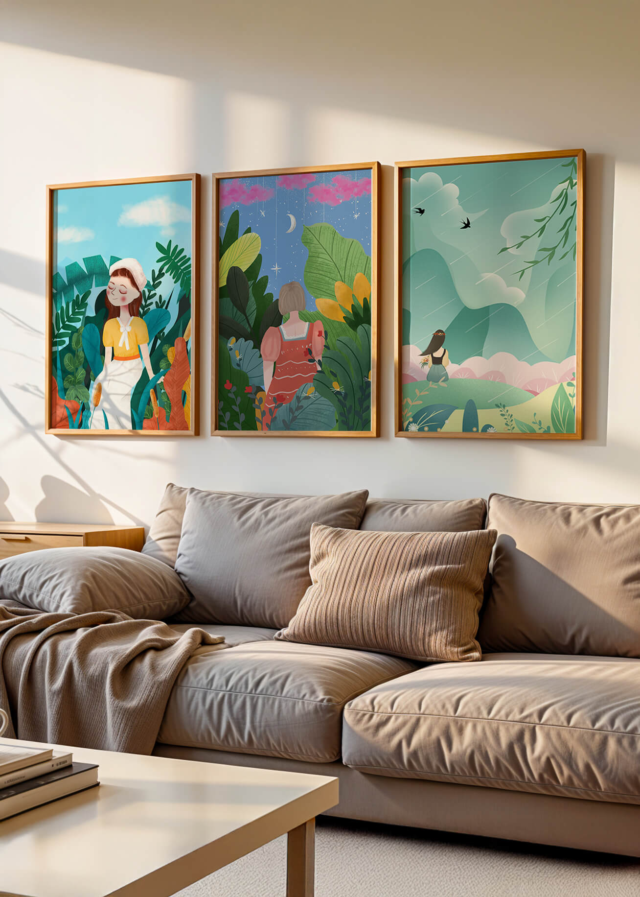 Conjunto De Tres Obras De Arte Coloridas Con Paisajes Naturales Y Figuras Humanas