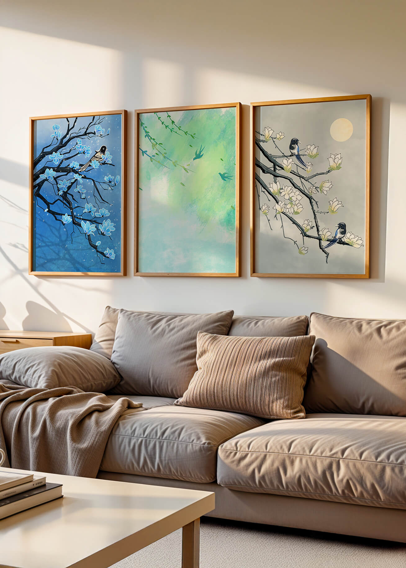 Tríptico Floral con Pájaros en Colores Suaves