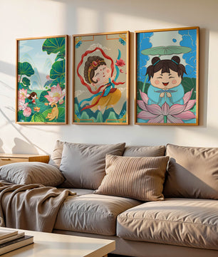 Ensemble d’illustrations de personnages adorables et de motifs floraux dans des tons vibrants