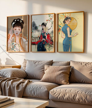 Art numérique avec motifs asiatiques et illustrations de femmes