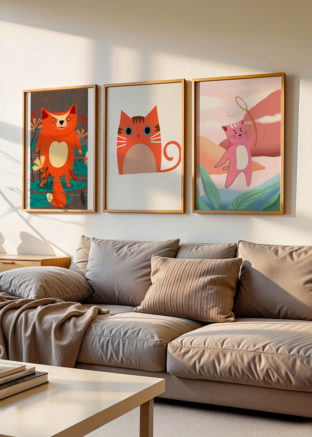 Tríptico De Ilustraciones De Gatos En Diseños Modernos