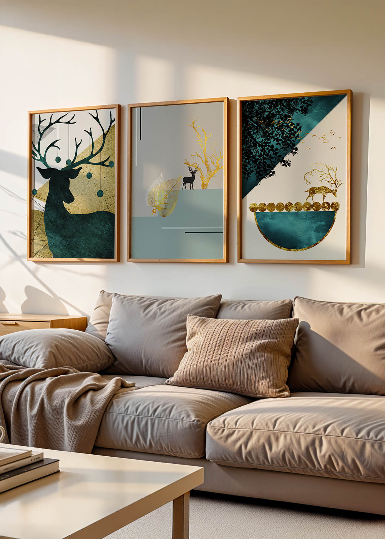 Conjunto De Tres Cuadros Modernos Con Motivo De Ciervos Y Acabado Dorado