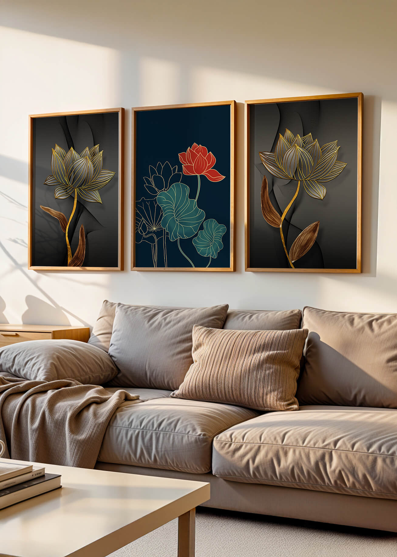 Impressions artistiques de fleurs de lotus sur fond sombre avec détails dorés