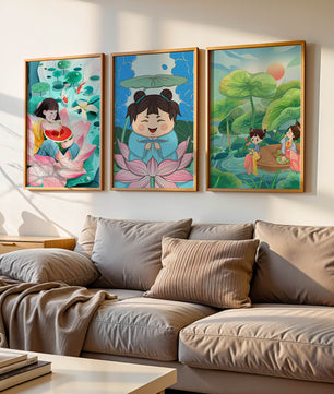Trois illustrations d'enfants dans un style asiatique avec des éléments de la nature