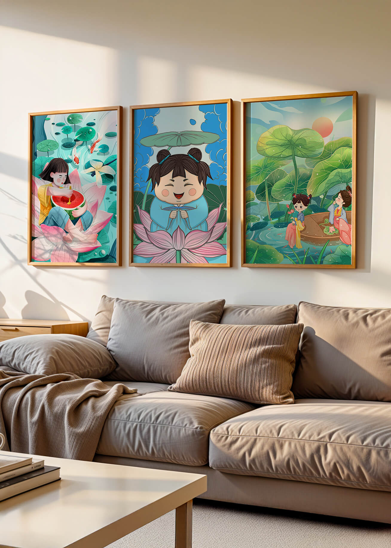 Trois illustrations d'enfants dans un style asiatique avec des éléments de la nature