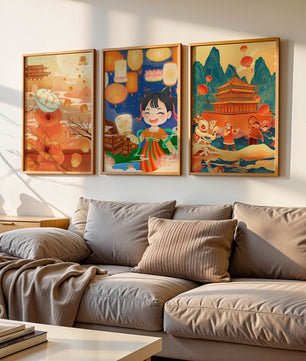 Triptyque d'art asiatique sur le thème des lanternes et de la culture traditionnelle
