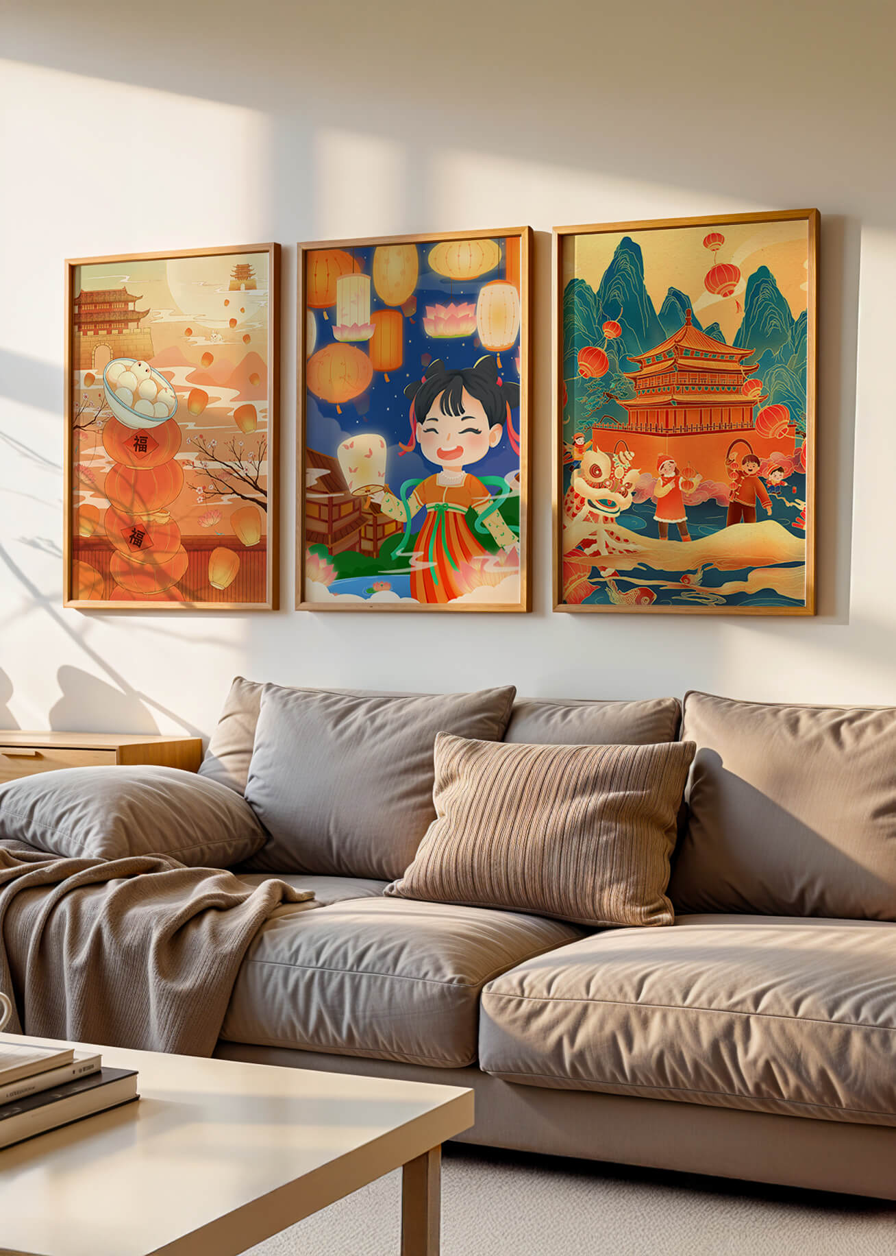 Triptyque d'art asiatique sur le thème des lanternes et de la culture traditionnelle