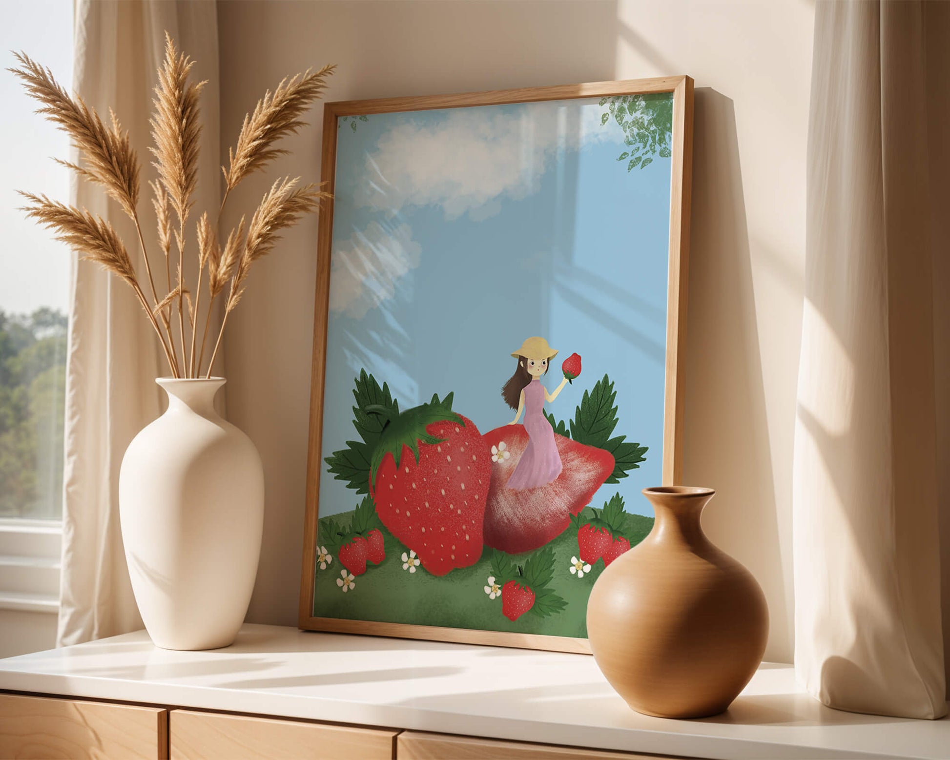 Charming illustration of a girl in a strawberry field