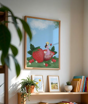 Ilustración encantadora de una niña en un campo de fresas