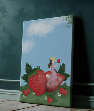 Ilustración encantadora de una niña en un campo de fresas