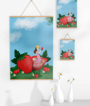 Ilustración encantadora de una niña en un campo de fresas