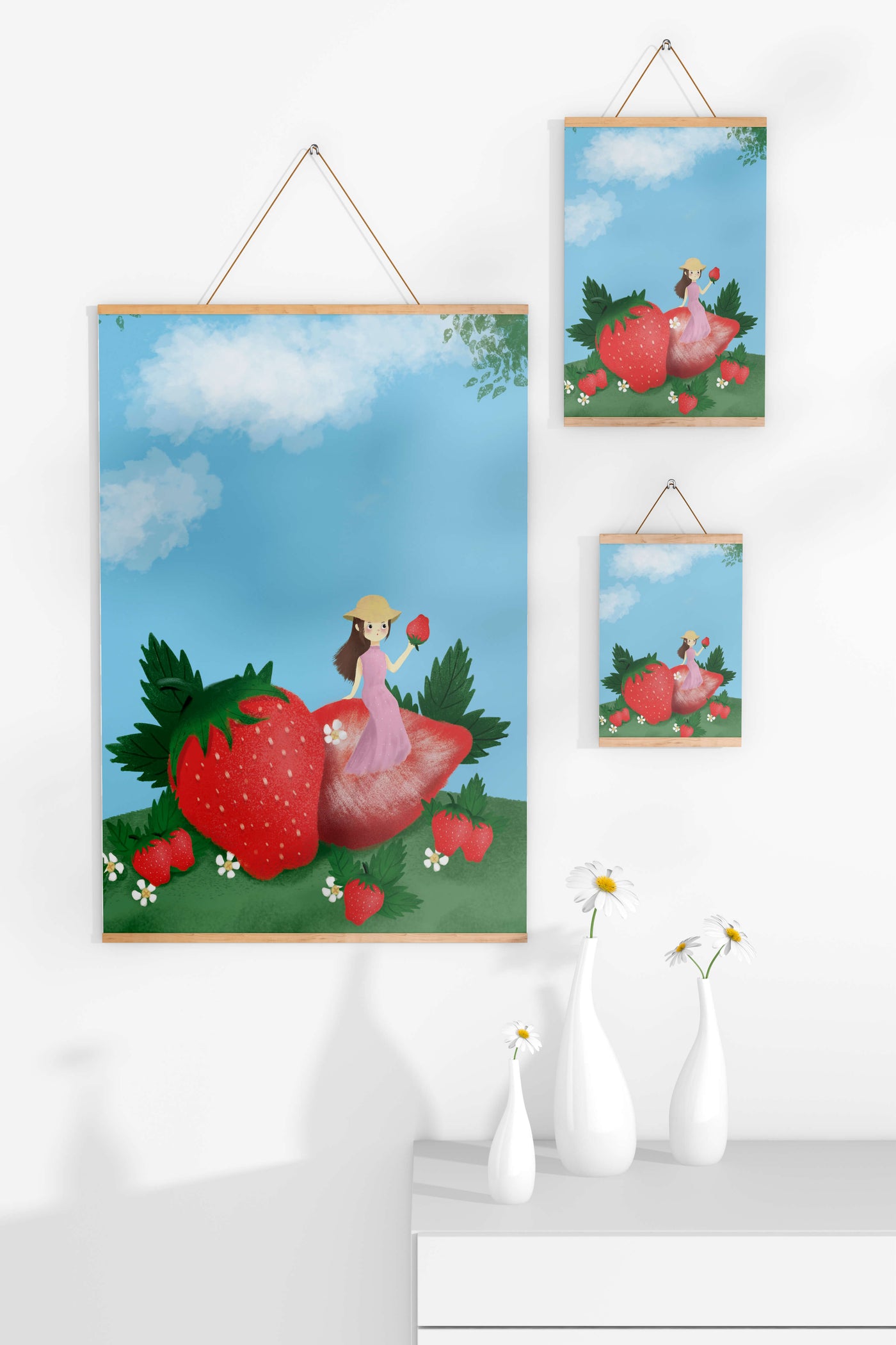 Charming illustration of a girl in a strawberry field