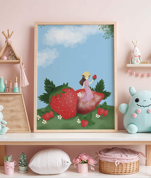 Ilustración encantadora de una niña en un campo de fresas