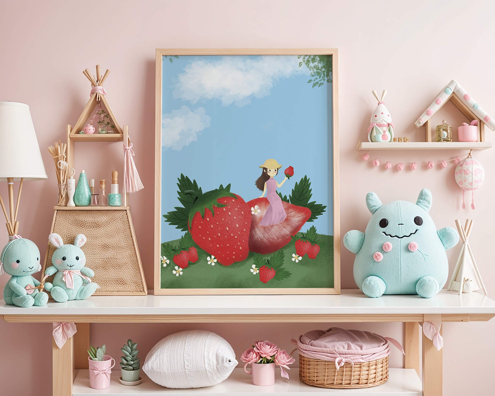 Charming illustration of a girl in a strawberry field