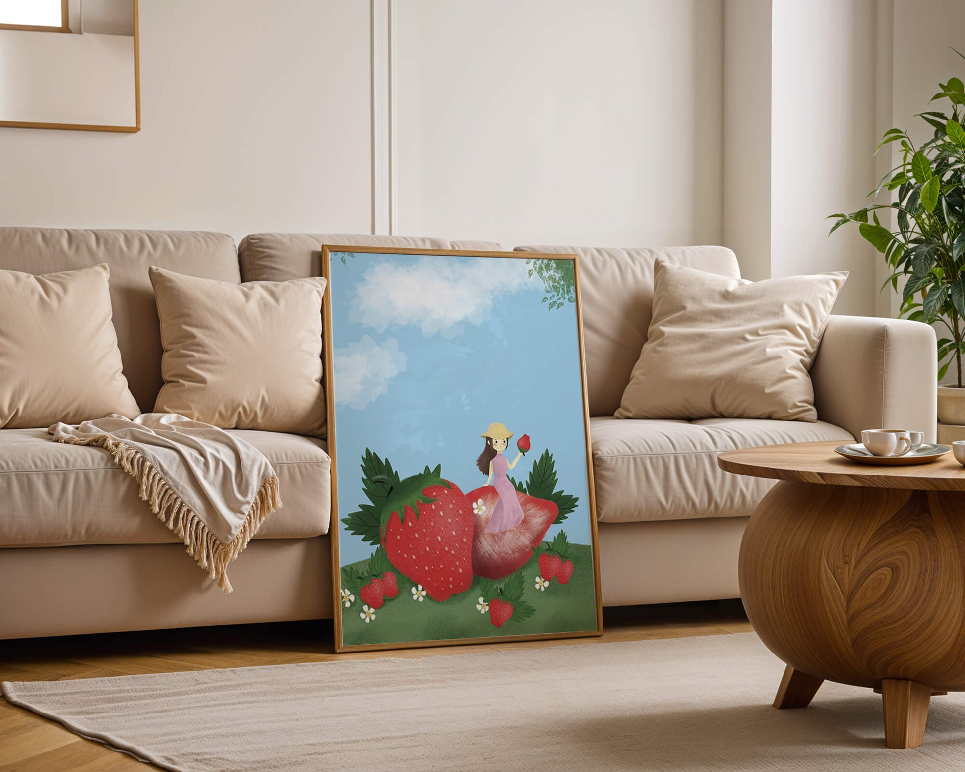Charming illustration of a girl in a strawberry field
