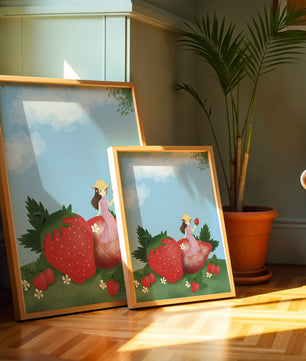 Ilustración encantadora de una niña en un campo de fresas