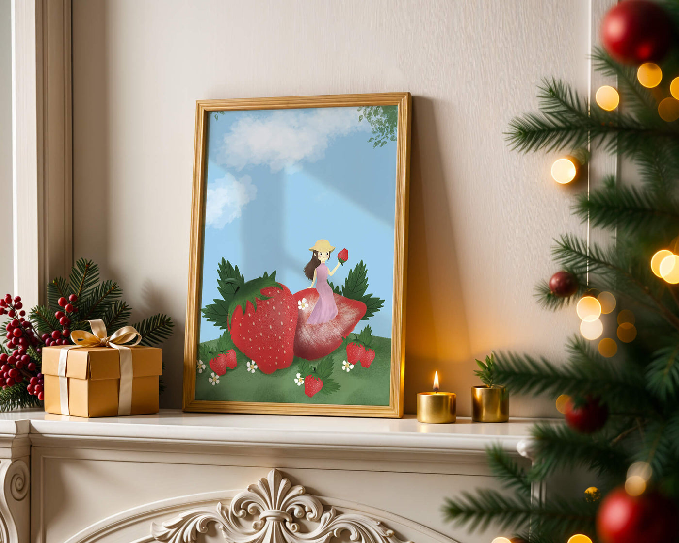 Charming illustration of a girl in a strawberry field