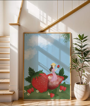 Ilustración encantadora de una niña en un campo de fresas