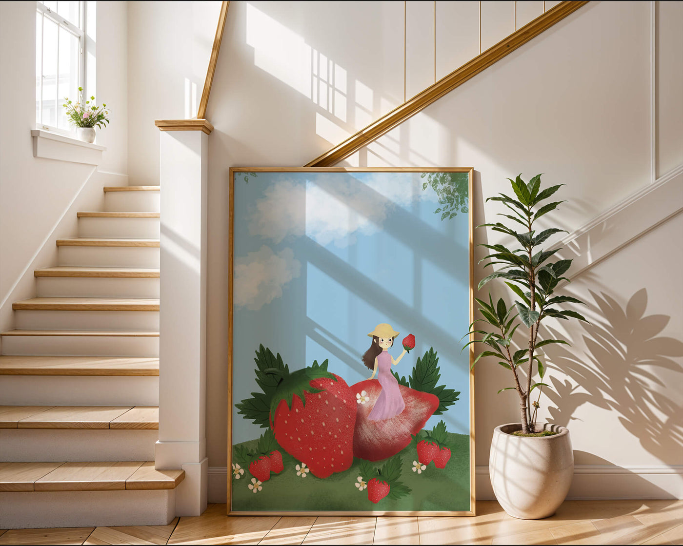Charming illustration of a girl in a strawberry field