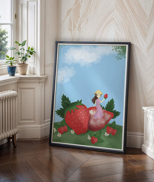 Ilustración encantadora de una niña en un campo de fresas
