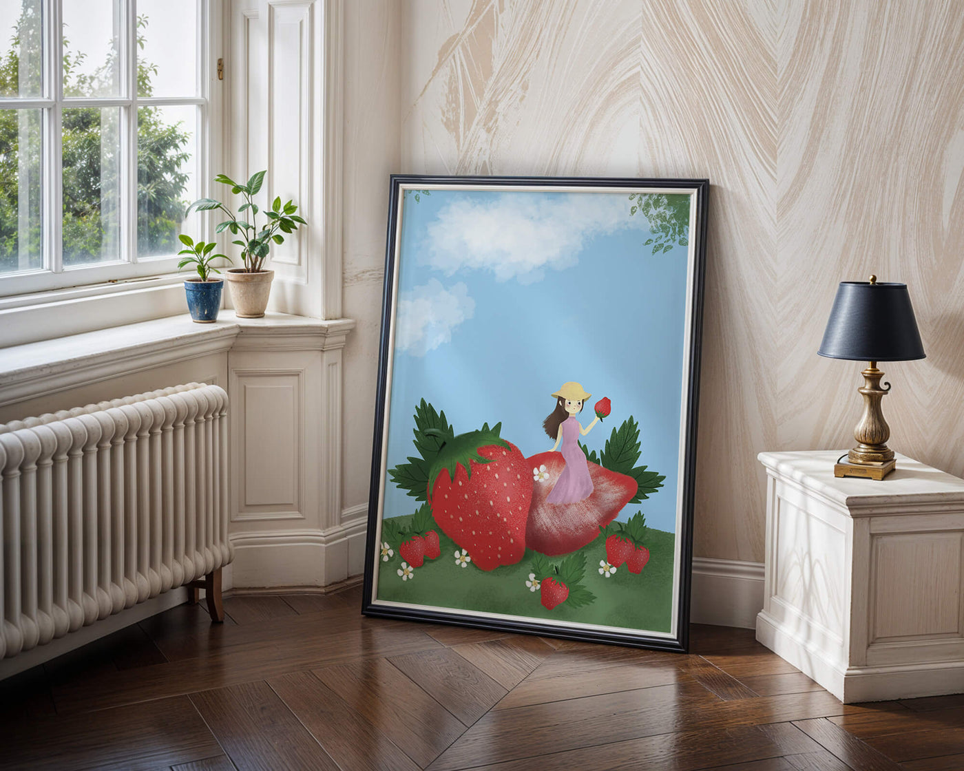 Charming illustration of a girl in a strawberry field