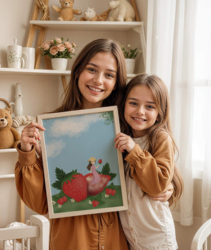 Ilustración encantadora de una niña en un campo de fresas