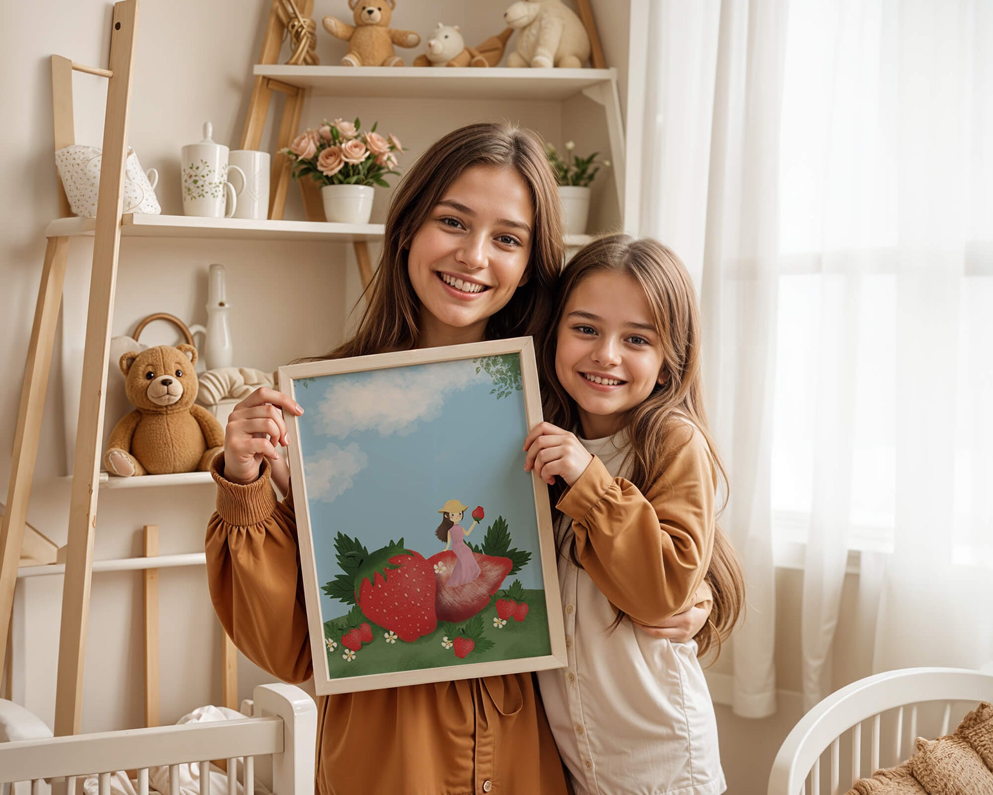 Charming illustration of a girl in a strawberry field