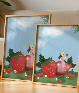 Ilustración encantadora de una niña en un campo de fresas