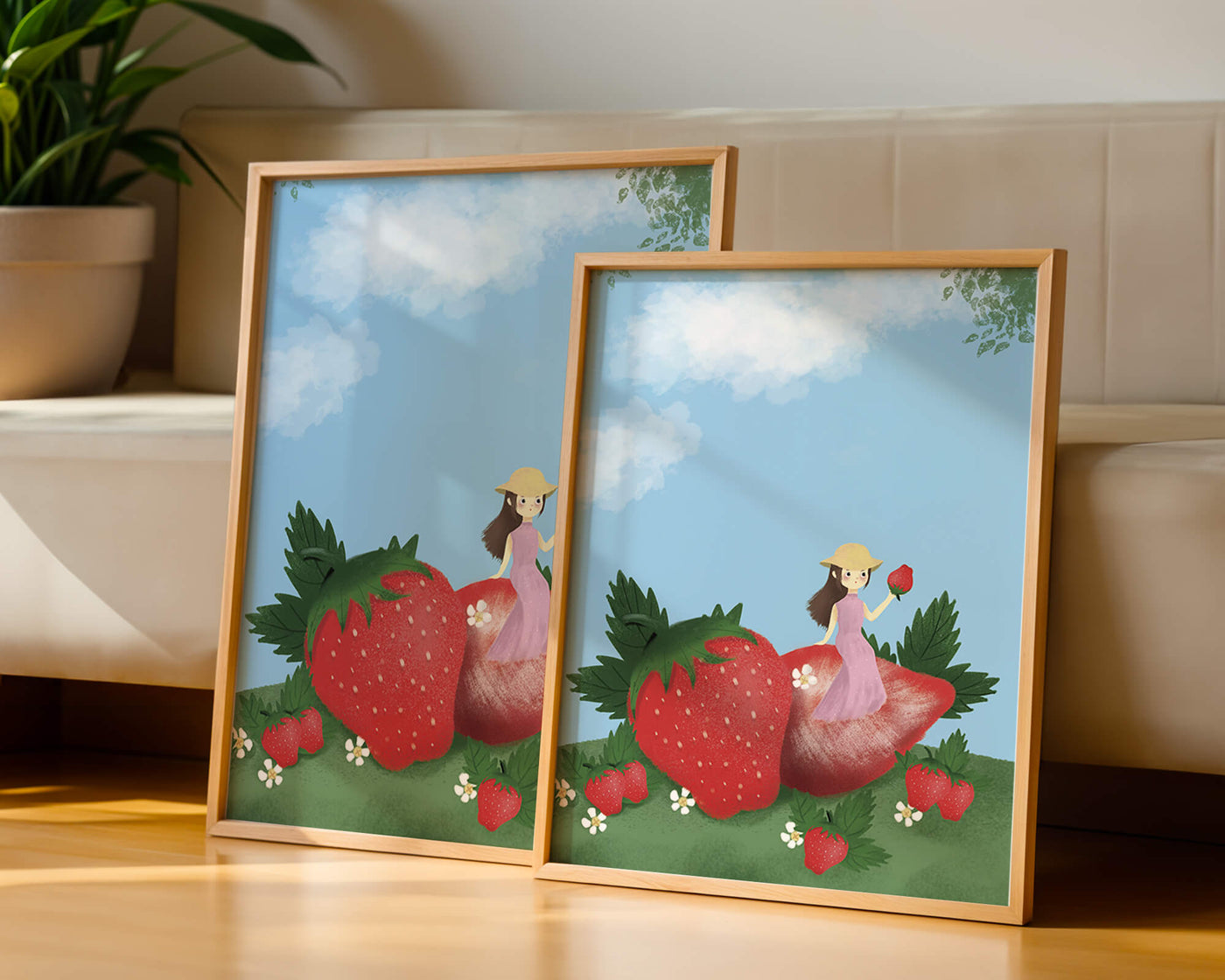 Charming illustration of a girl in a strawberry field