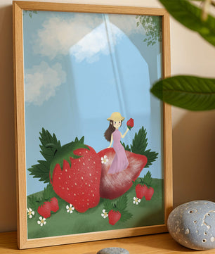 Ilustración encantadora de una niña en un campo de fresas