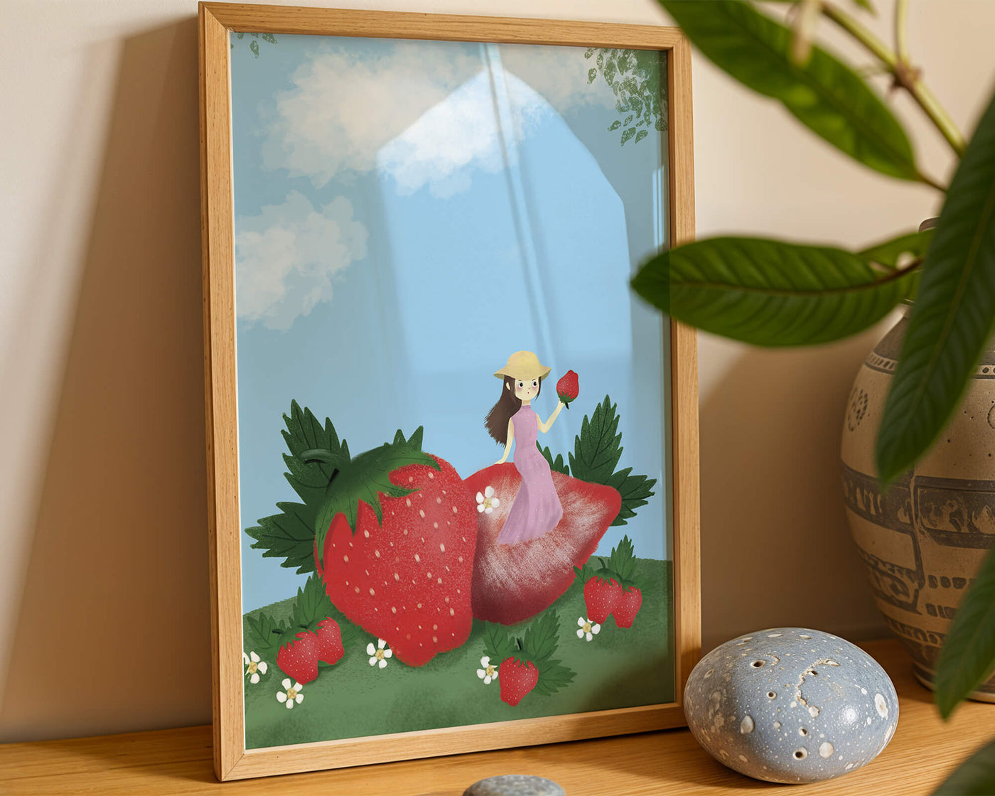 Charming illustration of a girl in a strawberry field